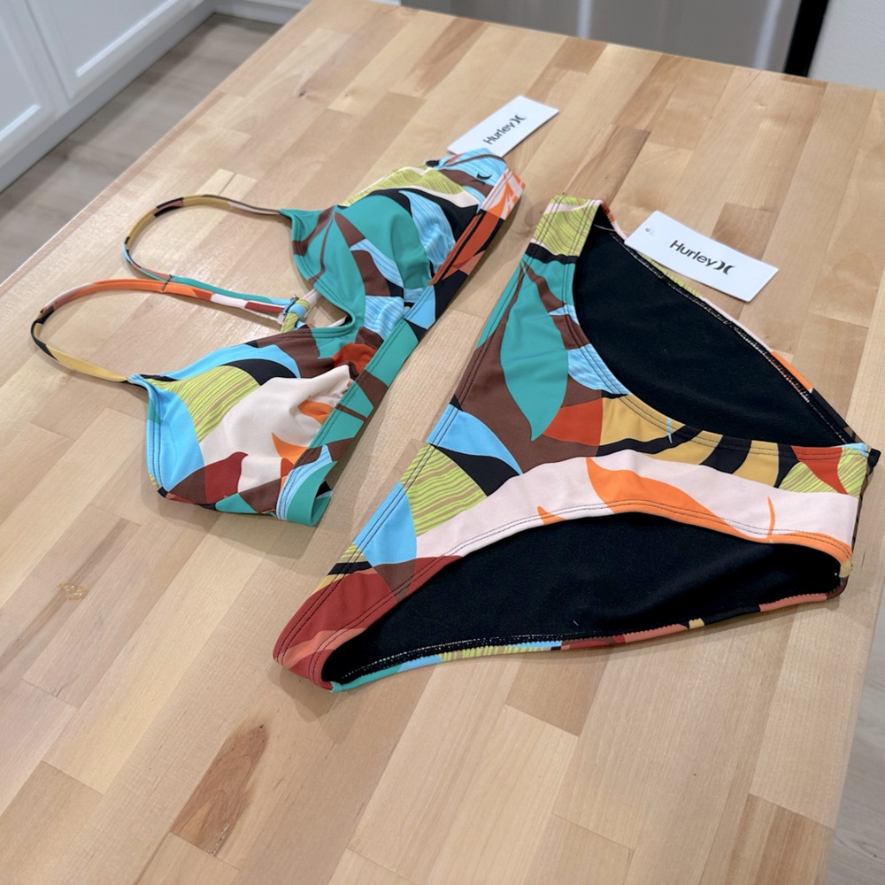 New! Hurley Multicolor Tropical Beach Leaf Print Bikini Size Large - Picture 14 of 14